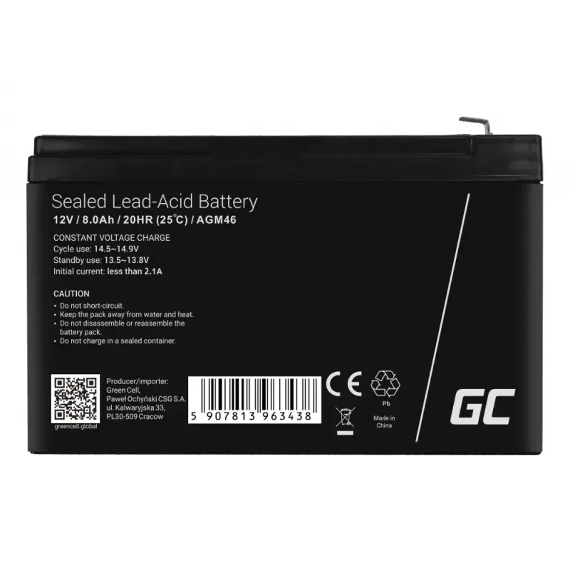 Uzlādējams 12 V noslēgts svina-skābes akumulators zaļa Cell AGM46, 8000 mAh, 2,15 kg, VRLA