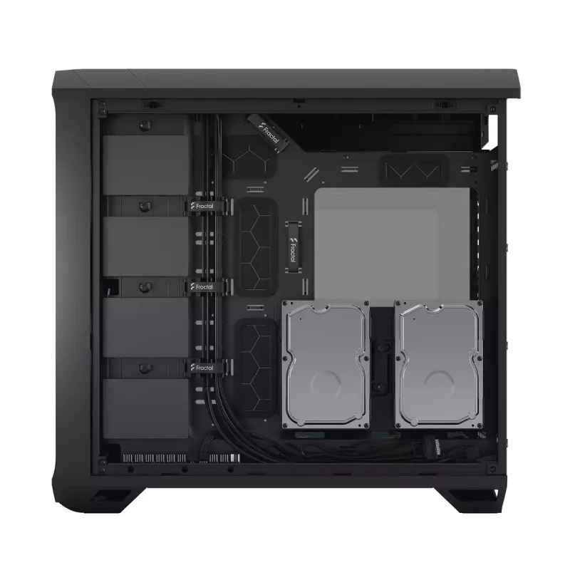 PC torņa korpuss Fractal Design Torrent Tower Black — atbalsta ATX/EATX/ITX, 2x180mm priekšējie ventilatori, 2x3.5 collu sloti, 4x2.5 collu sloti, rūdīts stikls