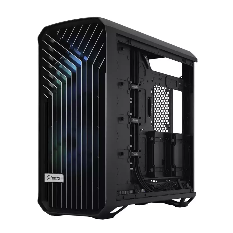 PC torņa korpuss Fractal Design Torrent Tower Black — atbalsta ATX/EATX/ITX, 2x180mm priekšējie ventilatori, 2x3.5 collu sloti, 4x2.5 collu sloti, rūdīts stikls