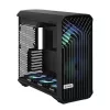 PC torņa korpuss Fractal Design Torrent Tower Black — atbalsta ATX/EATX/ITX, 2x180mm priekšējie ventilatori, 2x3.5 collu sloti, 4x2.5 collu sloti, rūdīts stikls