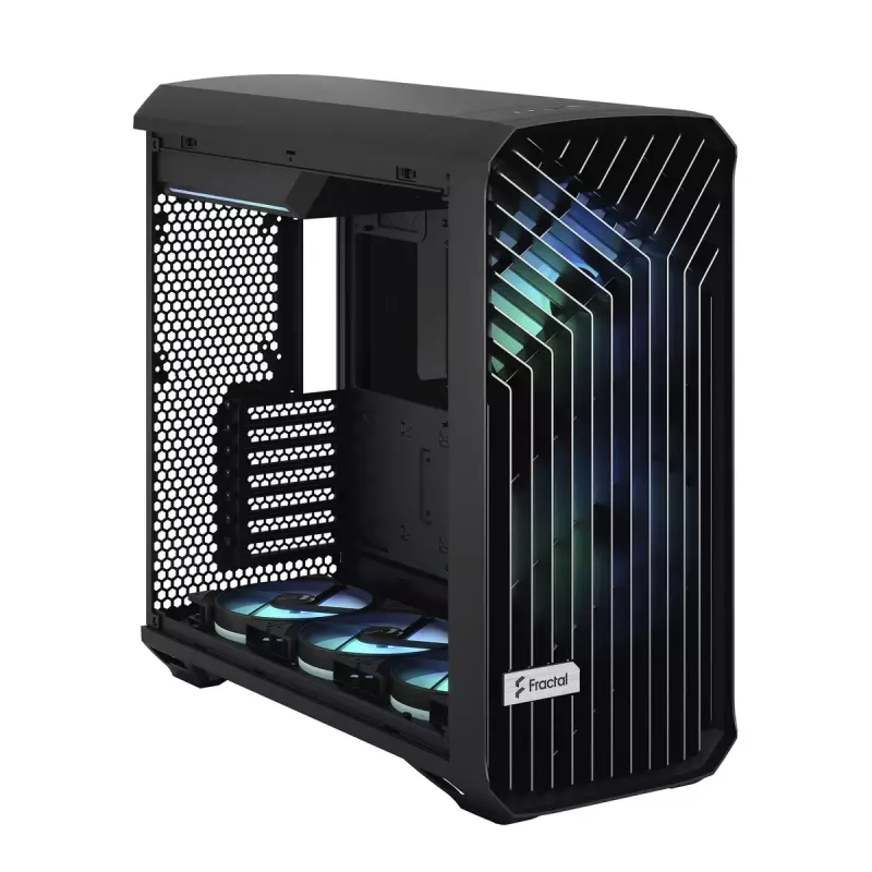 PC torņa korpuss Fractal Design Torrent Tower Black — atbalsta ATX/EATX/ITX, 2x180mm priekšējie ventilatori, 2x3.5 collu sloti, 4x2.5 collu sloti, rūdīts stikls