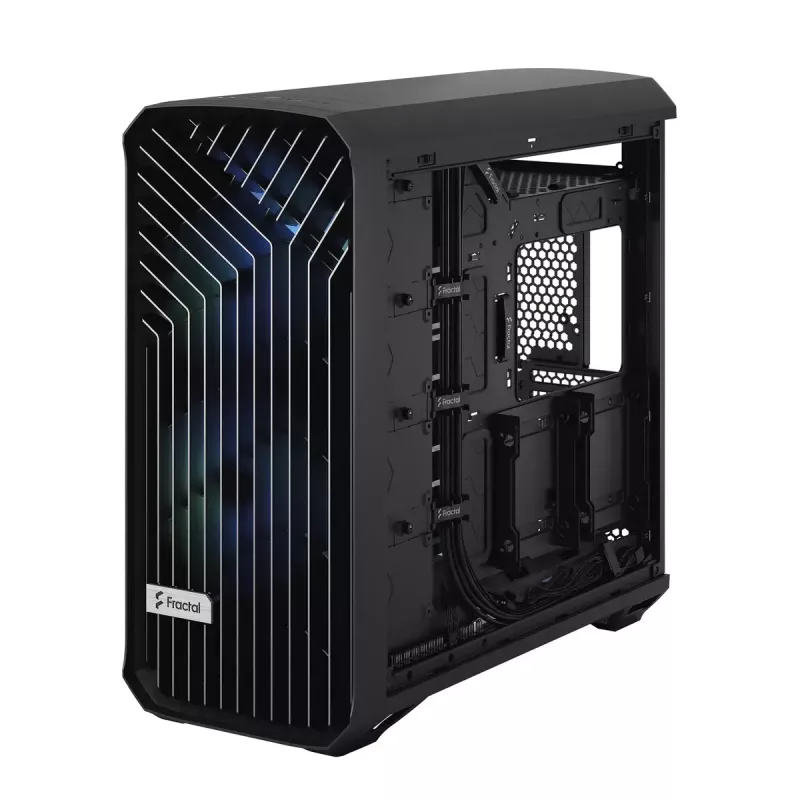 PC torņa korpuss Fractal Design Torrent Tower Black — atbalsta ATX/EATX/ITX, 2x180mm priekšējie ventilatori, 2x3.5 collu sloti, 4x2.5 collu sloti, rūdīts stikls
