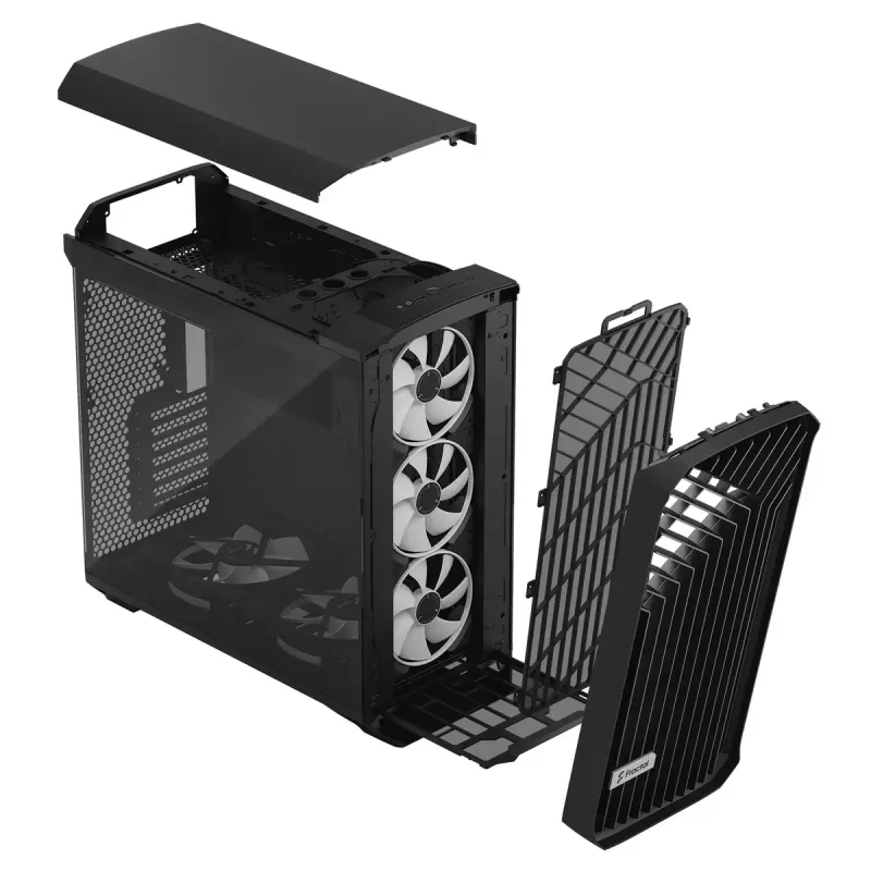 PC torņa korpuss Fractal Design Torrent Tower Black — atbalsta ATX/EATX/ITX, 2x180mm priekšējie ventilatori, 2x3.5 collu sloti, 4x2.5 collu sloti, rūdīts stikls