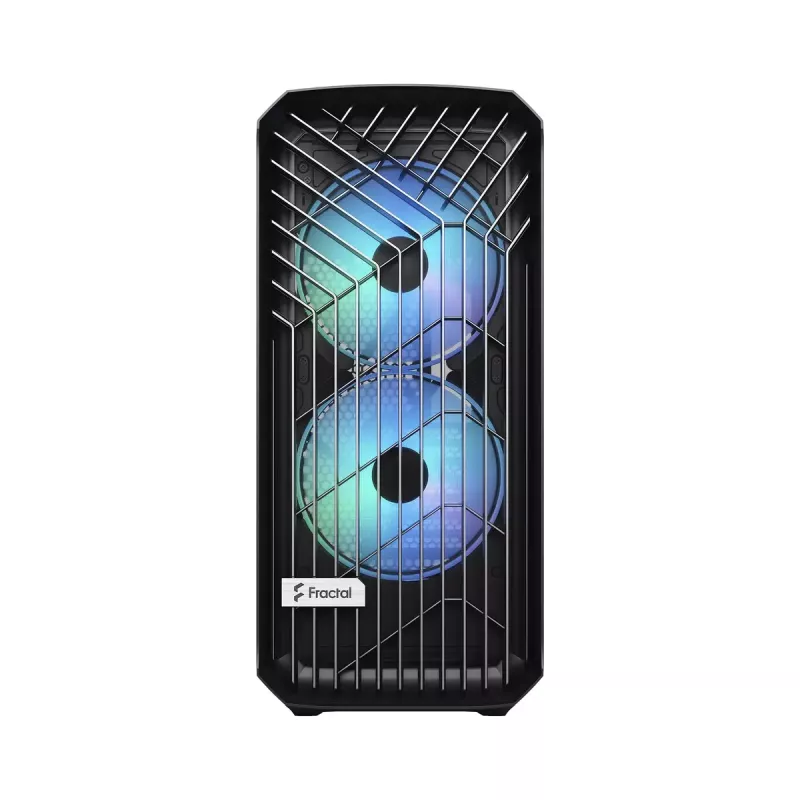 PC torņa korpuss Fractal Design Torrent Tower Black — atbalsta ATX/EATX/ITX, 2x180mm priekšējie ventilatori, 2x3.5 collu sloti, 4x2.5 collu sloti, rūdīts stikls