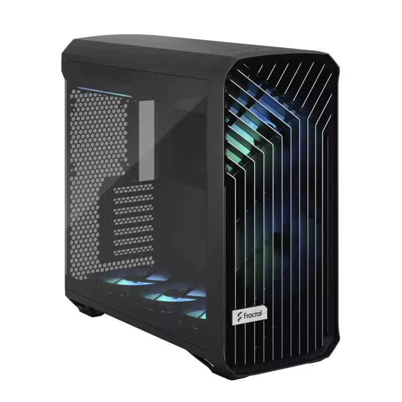 PC torņa korpuss Fractal Design Torrent Tower Black — atbalsta ATX/EATX/ITX, 2x180mm priekšējie ventilatori, 2x3.5 collu sloti, 4x2.5 collu sloti, rūdīts stikls
