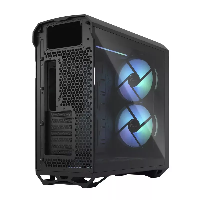 PC torņa korpuss Fractal Design Torrent Tower Black — atbalsta ATX/EATX/ITX, 2x180mm priekšējie ventilatori, 2x3.5 collu sloti, 4x2.5 collu sloti, rūdīts stikls