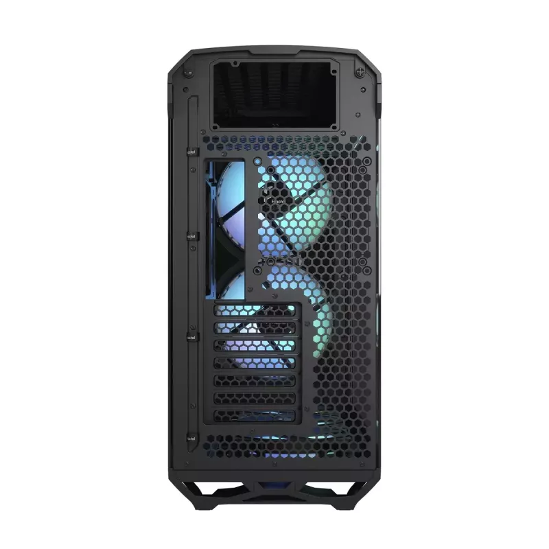 PC torņa korpuss Fractal Design Torrent Tower Black — atbalsta ATX/EATX/ITX, 2x180mm priekšējie ventilatori, 2x3.5 collu sloti, 4x2.5 collu sloti, rūdīts stikls