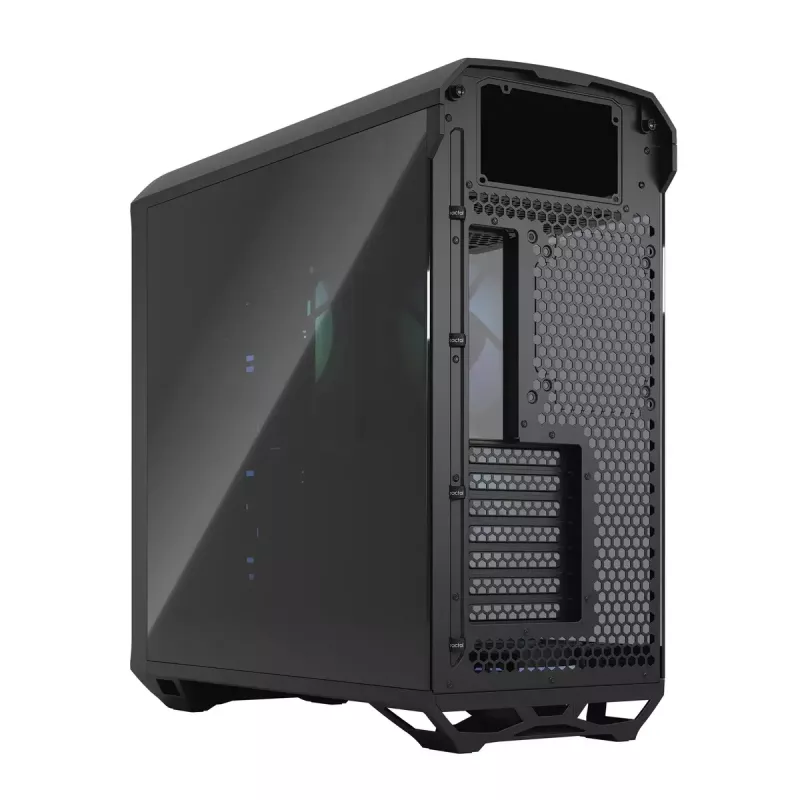 PC torņa korpuss Fractal Design Torrent Tower Black — atbalsta ATX/EATX/ITX, 2x180mm priekšējie ventilatori, 2x3.5 collu sloti, 4x2.5 collu sloti, rūdīts stikls