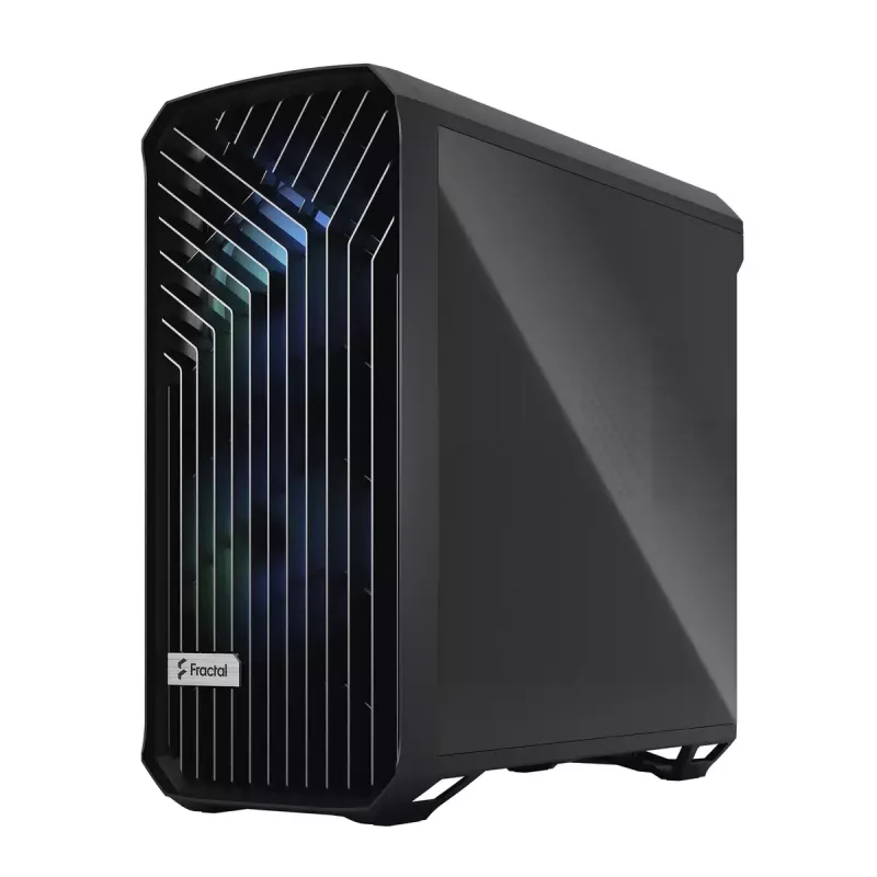 PC torņa korpuss Fractal Design Torrent Tower Black — atbalsta ATX/EATX/ITX, 2x180mm priekšējie ventilatori, 2x3.5 collu sloti, 4x2.5 collu sloti, rūdīts stikls