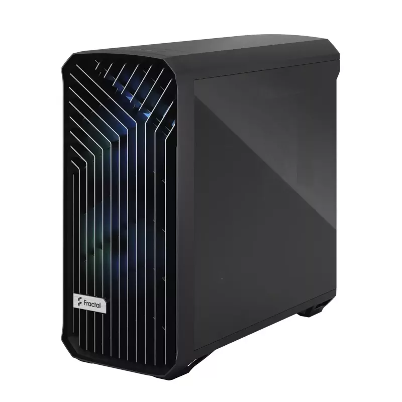 PC torņa korpuss Fractal Design Torrent Tower Black — atbalsta ATX/EATX/ITX, 2x180mm priekšējie ventilatori, 2x3.5 collu sloti, 4x2.5 collu sloti, rūdīts stikls