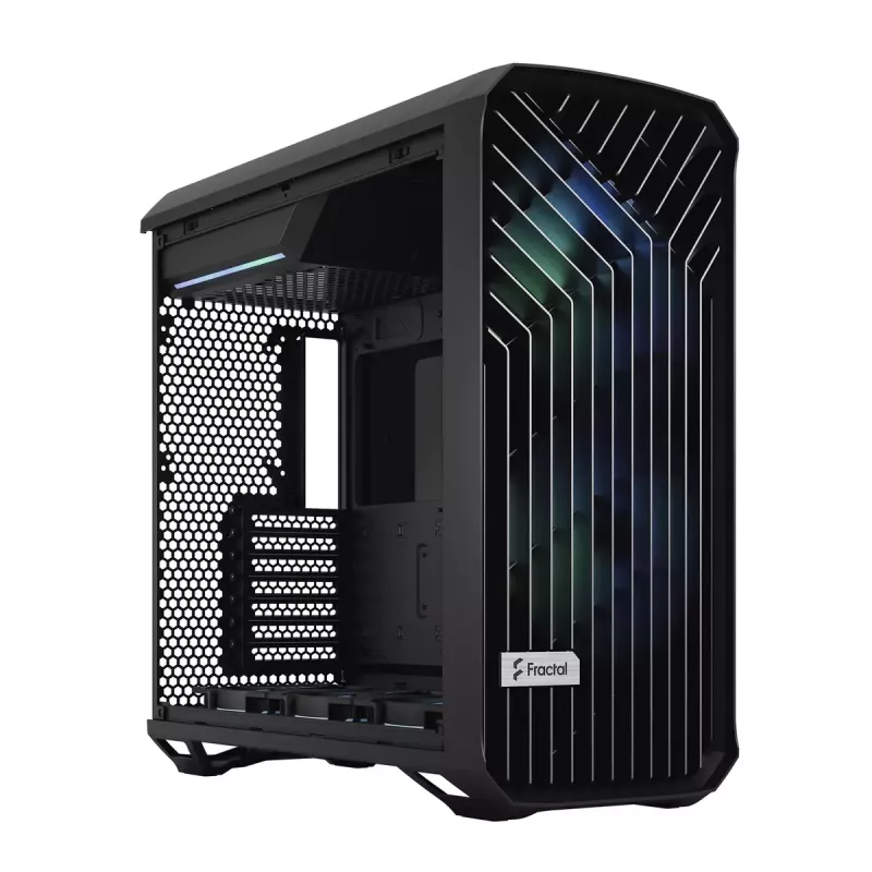 PC torņa korpuss Fractal Design Torrent Tower Black — atbalsta ATX/EATX/ITX, 2x180mm priekšējie ventilatori, 2x3.5 collu sloti, 4x2.5 collu sloti, rūdīts stikls