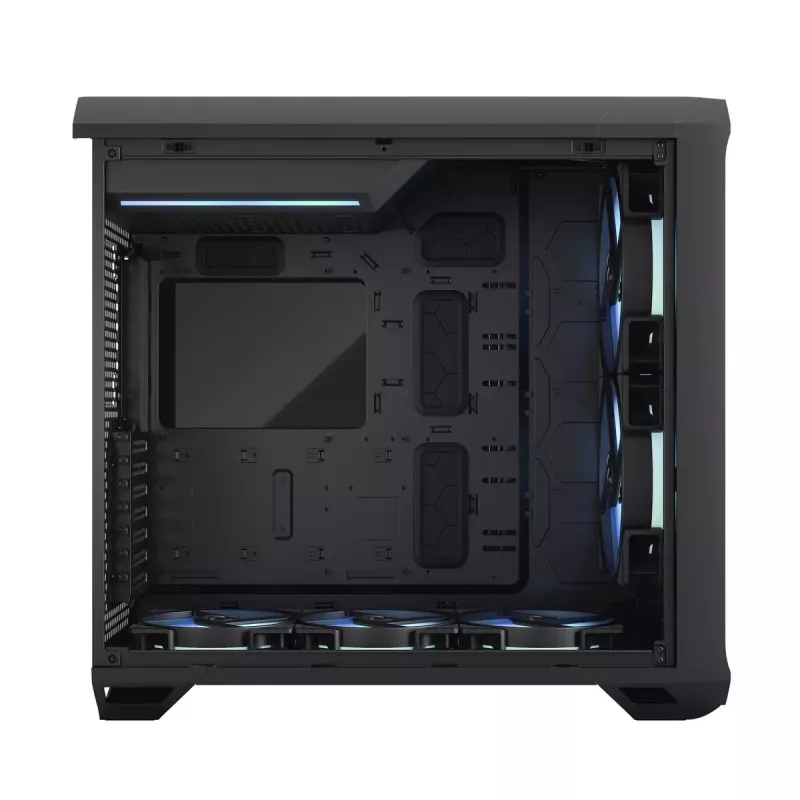 PC torņa korpuss Fractal Design Torrent Tower Black — atbalsta ATX/EATX/ITX, 2x180mm priekšējie ventilatori, 2x3.5 collu sloti, 4x2.5 collu sloti, rūdīts stikls