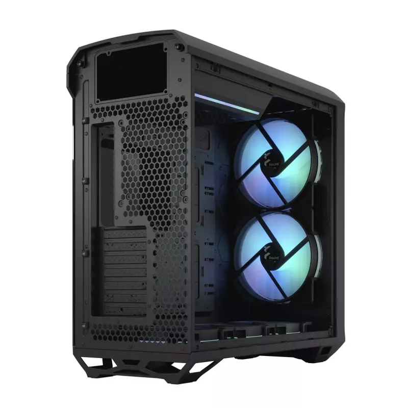 PC torņa korpuss Fractal Design Torrent Tower Black — atbalsta ATX/EATX/ITX, 2x180mm priekšējie ventilatori, 2x3.5 collu sloti, 4x2.5 collu sloti, rūdīts stikls