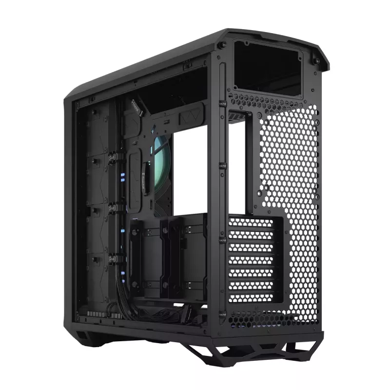PC torņa korpuss Fractal Design Torrent Tower Black — atbalsta ATX/EATX/ITX, 2x180mm priekšējie ventilatori, 2x3.5 collu sloti, 4x2.5 collu sloti, rūdīts stikls