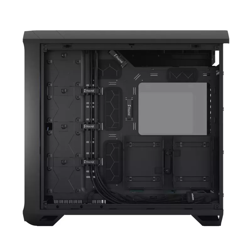 PC torņa korpuss Fractal Design Torrent Tower Black — atbalsta ATX/EATX/ITX, 2x180mm priekšējie ventilatori, 2x3.5 collu sloti, 4x2.5 collu sloti, rūdīts stikls