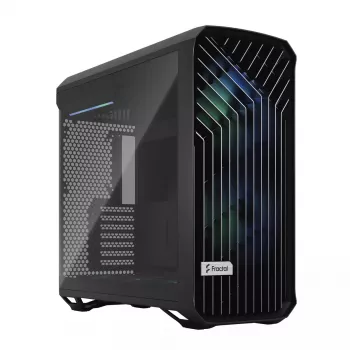 PC torņa korpuss Fractal Design Torrent Tower Black — atbalsta ATX/EATX/ITX, 2x180mm priekšējie ventilatori, 2x3.5 collu sloti, 4x2.5 collu sloti, rūdīts stikls