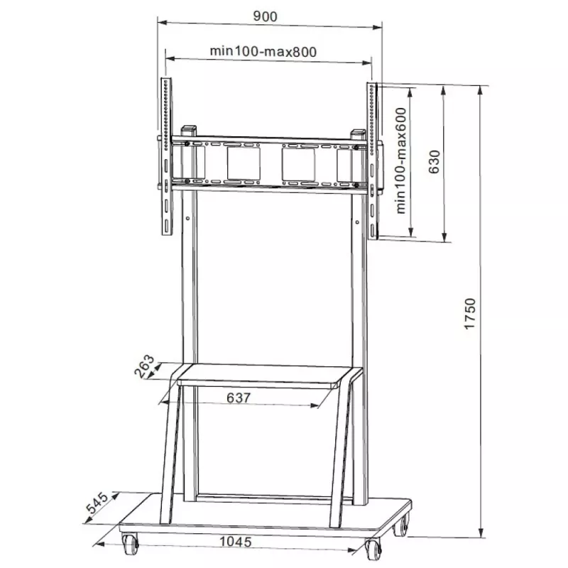 Pārnēsājams plakanā paneļa grīdas statīvs TECHLY Signage Display Mount ICA-TR30 — 55 līdz 100 collu ekrāniem, VESA 1200x600, maks. slodze 150 kg, riteņi, melns