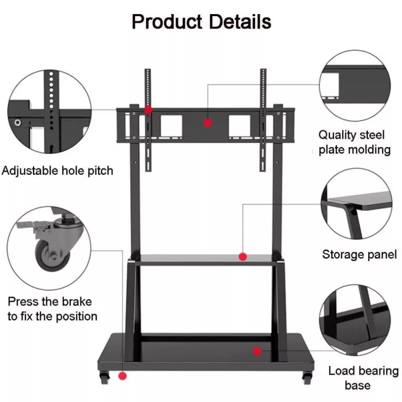 Pārnēsājams plakanā paneļa grīdas statīvs TECHLY Signage Display Mount ICA-TR30 — 55 līdz 100 collu ekrāniem, VESA 1200x600, maks. slodze 150 kg, riteņi, melns