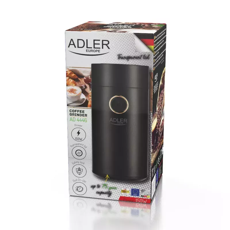 Adler AD 4446bg kafijas dzirnaviņas ar konusveida dzirnakmeņiem — 150 W, 75 g pupiņu tvertne, nerūsējošā tērauda dzirnakmeņi, pogas vadība, melna