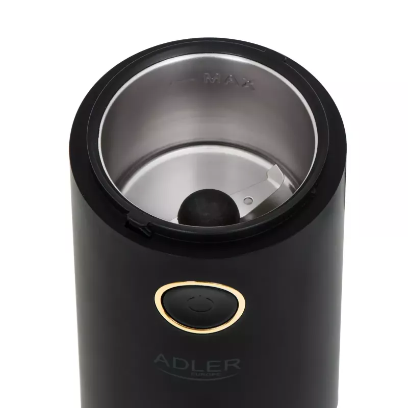 Adler AD 4446bg kafijas dzirnaviņas ar konusveida dzirnakmeņiem — 150 W, 75 g pupiņu tvertne, nerūsējošā tērauda dzirnakmeņi, pogas vadība, melna