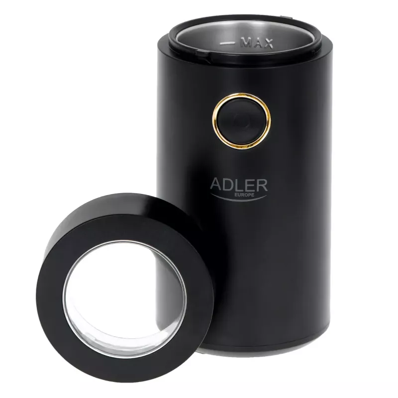 Adler AD 4446bg kafijas dzirnaviņas ar konusveida dzirnakmeņiem — 150 W, 75 g pupiņu tvertne, nerūsējošā tērauda dzirnakmeņi, pogas vadība, melna