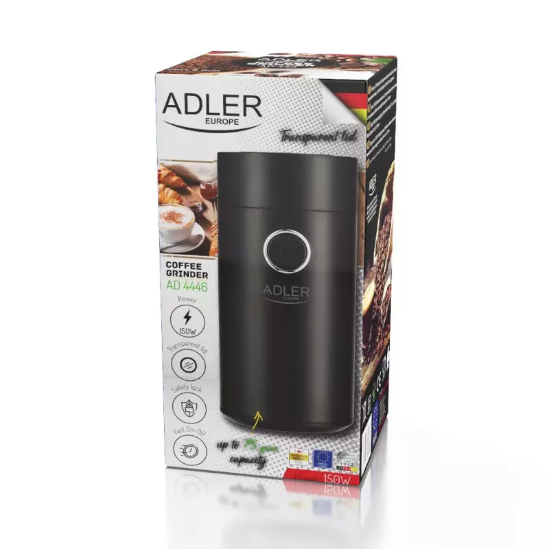 Burr grinder Adler AD4446BS — 150 W, stainless steel burrs, 75 g bean hopper, Melns