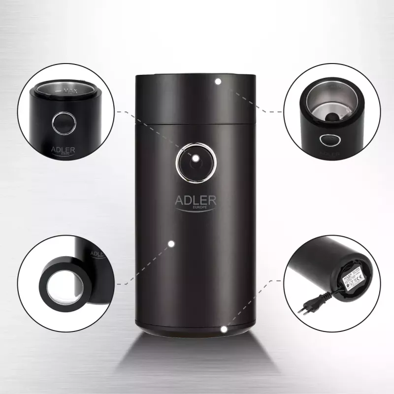 Burr grinder Adler AD4446BS — 150 W, stainless steel burrs, 75 g bean hopper, Melns