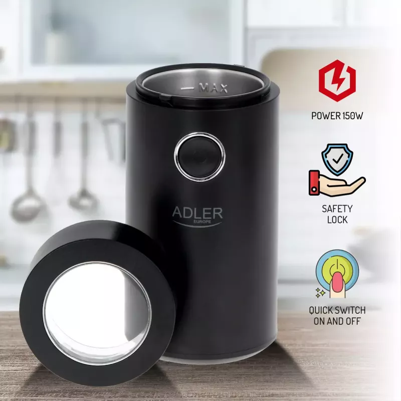 Burr grinder Adler AD4446BS — 150 W, stainless steel burrs, 75 g bean hopper, Melns