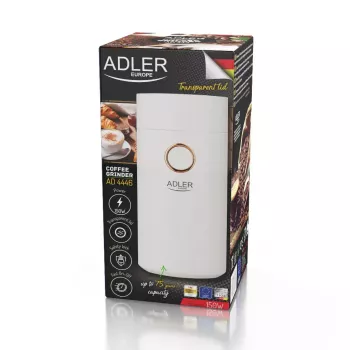 Kafijas dzirnaviņas ar tērauda urbjiem Adler AD4446WG — elektriskā kafijas dzirnaviņas, nerūsējošā tērauda urbji, 75 g tvertne, 150 W, balta
