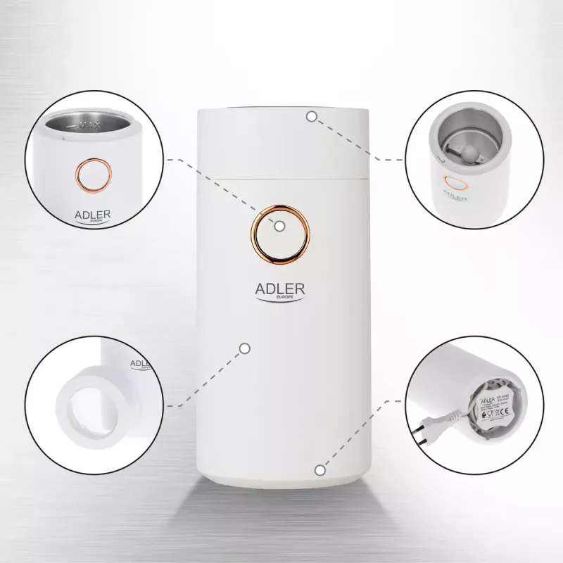 Kafijas dzirnaviņas ar tērauda urbjiem Adler AD4446WG — elektriskā kafijas dzirnaviņas, nerūsējošā tērauda urbji, 75 g tvertne, 150 W, balta