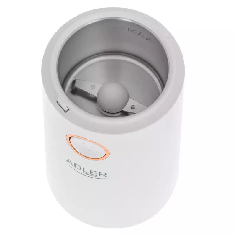 Kafijas dzirnaviņas ar tērauda urbjiem Adler AD4446WG — elektriskā kafijas dzirnaviņas, nerūsējošā tērauda urbji, 75 g tvertne, 150 W, balta