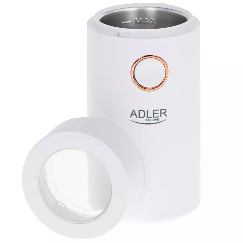 Kafijas dzirnaviņas ar tērauda urbjiem Adler AD4446WG — elektriskā kafijas dzirnaviņas, nerūsējošā tērauda urbji, 75 g tvertne, 150 W, balta
