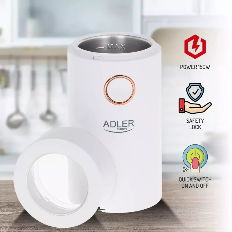Kafijas dzirnaviņas ar tērauda urbjiem Adler AD4446WG — elektriskā kafijas dzirnaviņas, nerūsējošā tērauda urbji, 75 g tvertne, 150 W, balta
