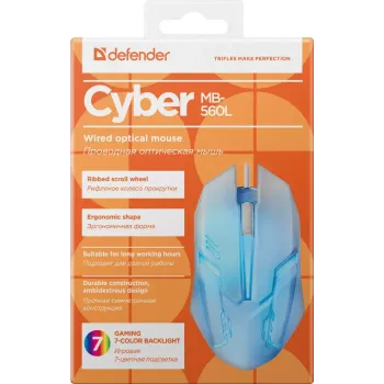 Vadu spēļu pele DEFENDER Cyber MB-560L — optiskā 1200 DPI, abrocīga, USB Type-A, balta, 1,5 m kabelis