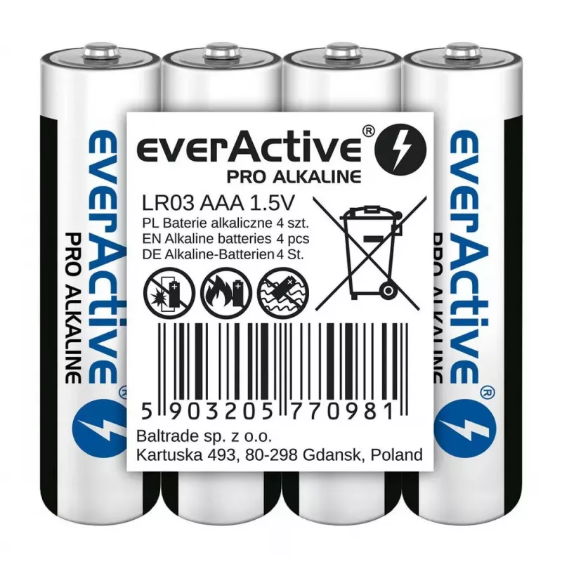 Sārmainās AAA baterijas everActive LR03PRO4T — 4 gab., 1.5 V, 1250 mAh, 44.5×10.5 mm