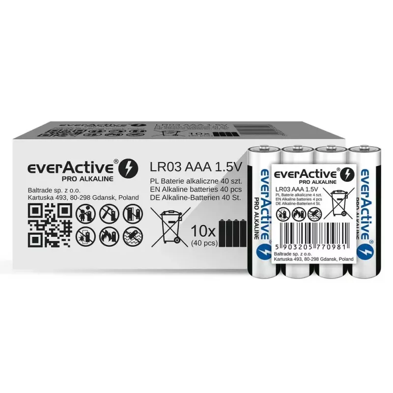 Sārmainās AAA baterijas everActive LR03PRO4T — 4 gab., 1.5 V, 1250 mAh, 44.5×10.5 mm