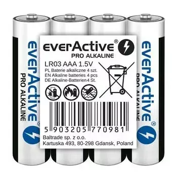 Sārmainās AAA baterijas everActive LR03PRO4T — 4 gab., 1.5 V, 1250 mAh, 44.5×10.5 mm
