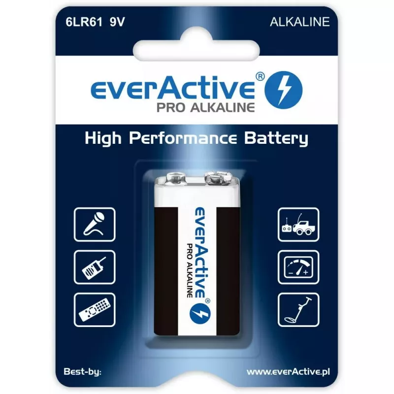 9 V sārma baterija everActive EV6LR61-PRO, 9 V, 650 mAh, 26.4×48.5×16 mm, 1 gab.