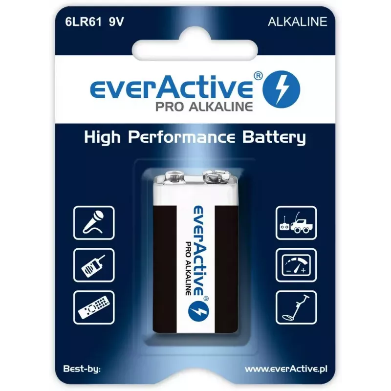 9 V sārma baterija everActive EV6LR61-PRO, 9 V, 650 mAh, 26.4×48.5×16 mm, 1 gab.