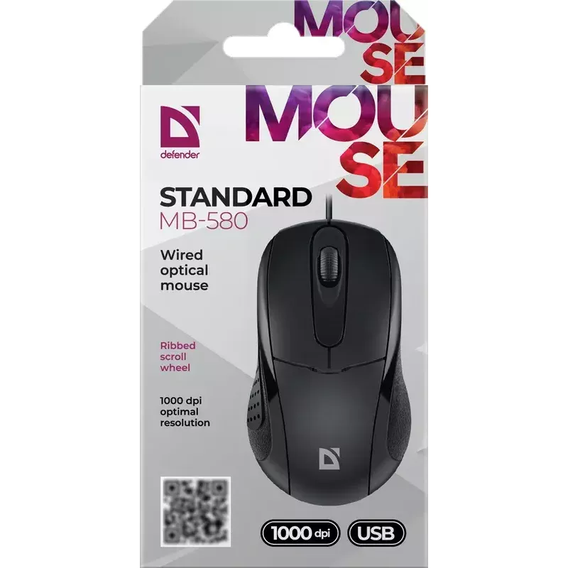 Vadu optiskā pele DEFENDER MB-580 USB Type-A, abpusēja, 1000 DPI, 3 pogas, melna