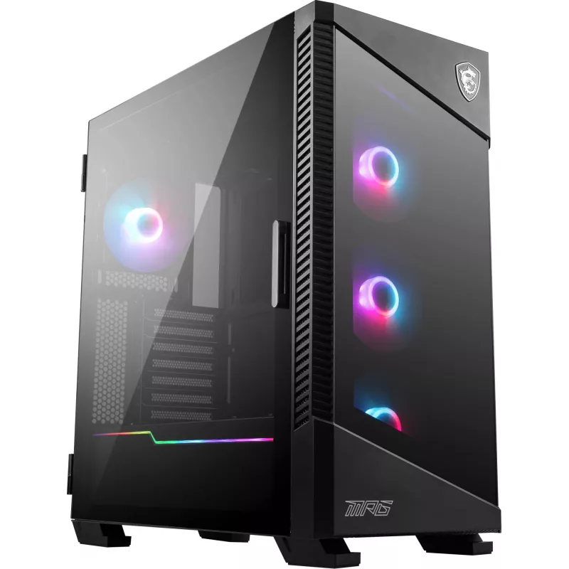 PC korpuss MSI MPG VELOX 100R Mid Tower Melns — ATX, 7 paplašināšanas sloti, 2×3.5 collu vietas, 2×2.5 collu vietas, USB-C