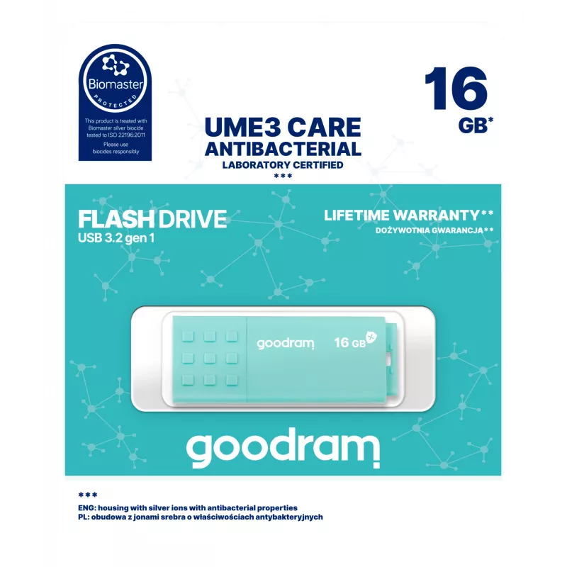 USB zibatmiņa GOODRAM UME3 CARE 16 GB USB Type-A 3.2 Gen 1 (lasīšanas ātrums 60 MB/s, rakstīšanas ātrums 20 MB/s) tirkīza