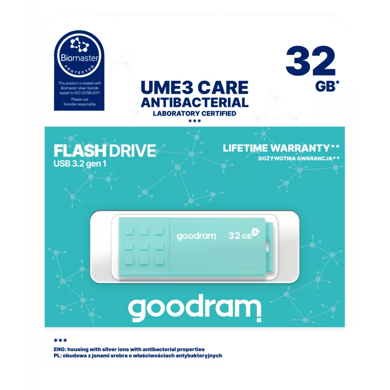 USB zibatmiņa GOODRAM UME3 32 GB USB Type-A 3.2 Gen 1 — tirkīza, 60 MB/s lasīšana, 20 MB/s rakstīšana