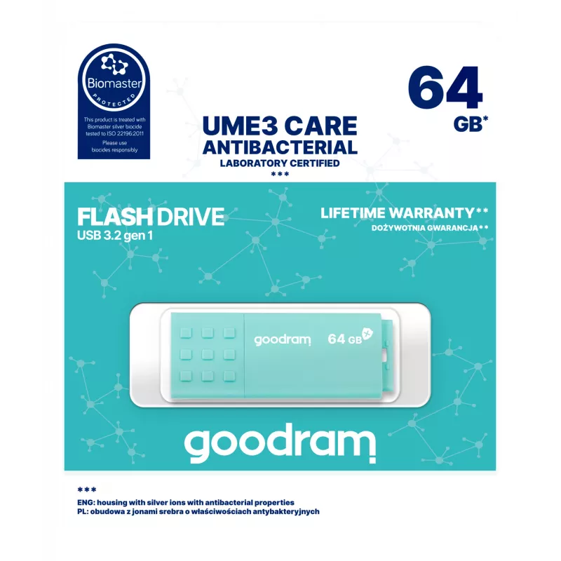 USB zibatmiņa GOODRAM 64 GB USB Type-A 3.2 Gen 1 UME3, tirkīza, lasīšana 60 MB/s, rakstīšana 20 MB/s