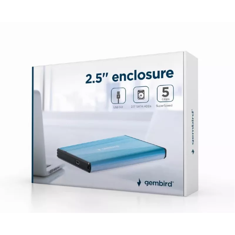 HDD korpuss Gembird EE2-U3S-3-B — 2,5 collu viena nodalījuma, SATA, Mini‑USB A, līdz 7 TB, zils