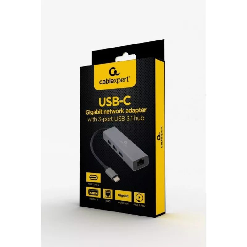 Dokotāja adapteris Gembird A-CMU3-LAN-01 — USB-C 3.2 Gen 1, 1× Gigabit LAN, 3× USB-A, metāla korpuss, pelēks