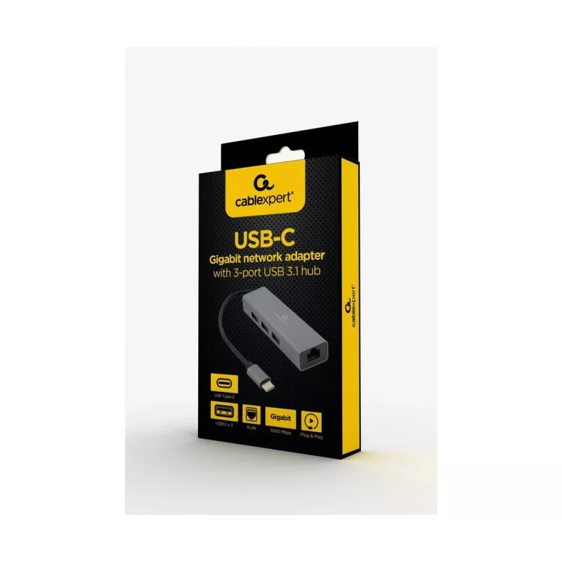 Dokotāja adapteris Gembird A-CMU3-LAN-01 — USB-C 3.2 Gen 1, 1× Gigabit LAN, 3× USB-A, metāla korpuss, pelēks