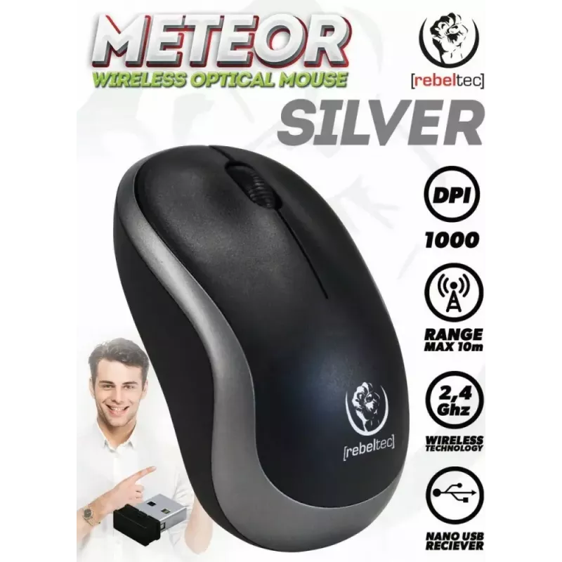 Bezvadu optiskā pele Rebeltec METEOR sudraba RBLMYS00050 USB