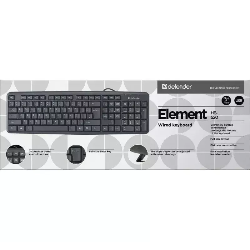 Vadu USB tastatūra DEFENDER HB-520 — kompakts izkārtojums, USB savienojums