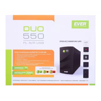 Nepārtrauktās barošanas bloks EVER DUO 550 PL AVR USB 550VA, 0,55 kVA / 330 W, Line-Interactive, 3×C13 kontaktligzdas, 12V 5Ah akumulators